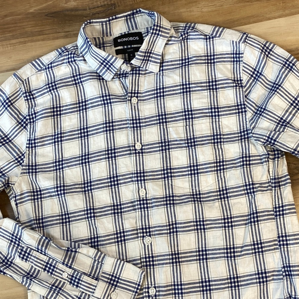 Bonobos Twill Plaid Shirt Mens Medium Hidden Button Down Slim Navy White